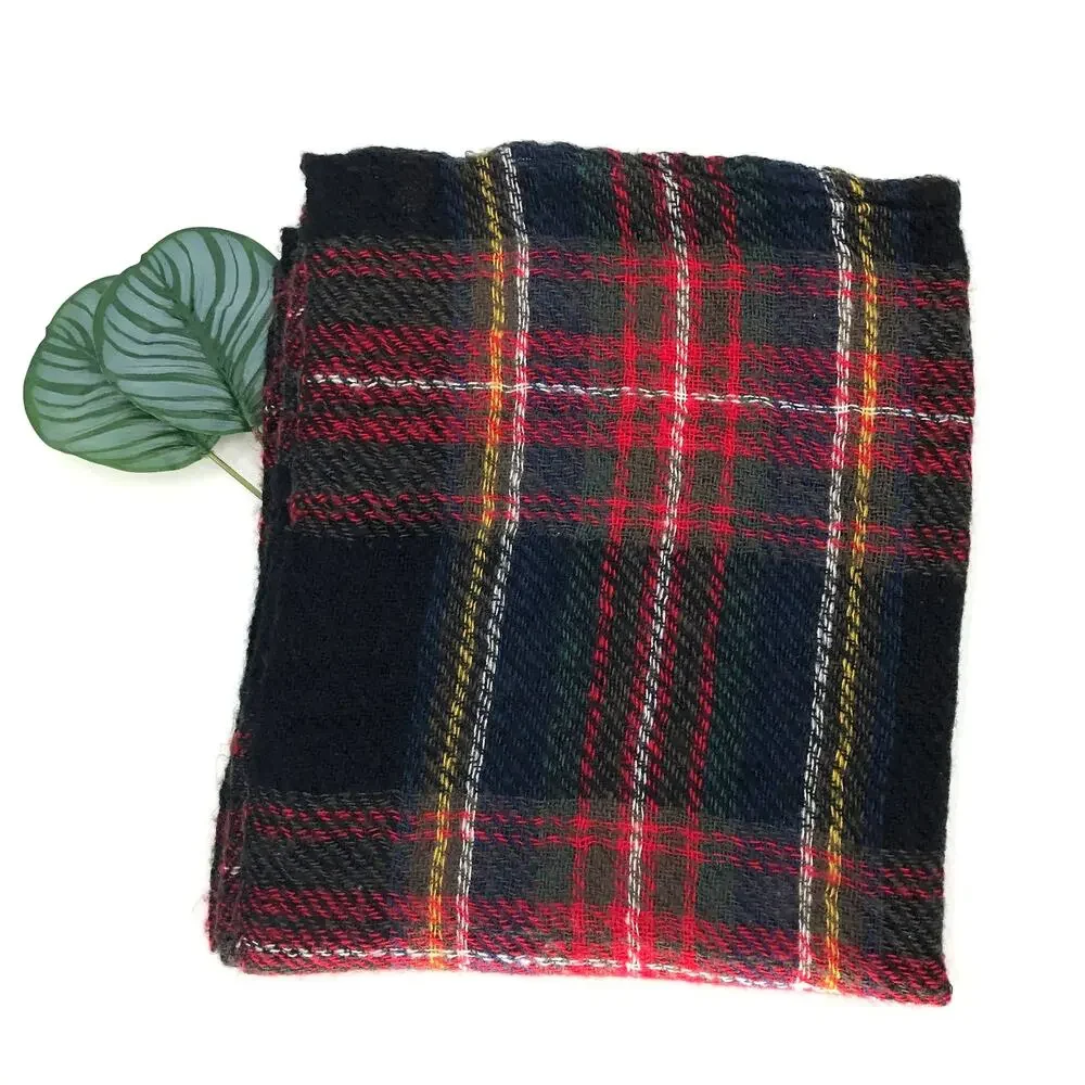 Navy Blue Red Yellow White Plaid Acrylic Loose Knit Lightweight Infinity Scarf